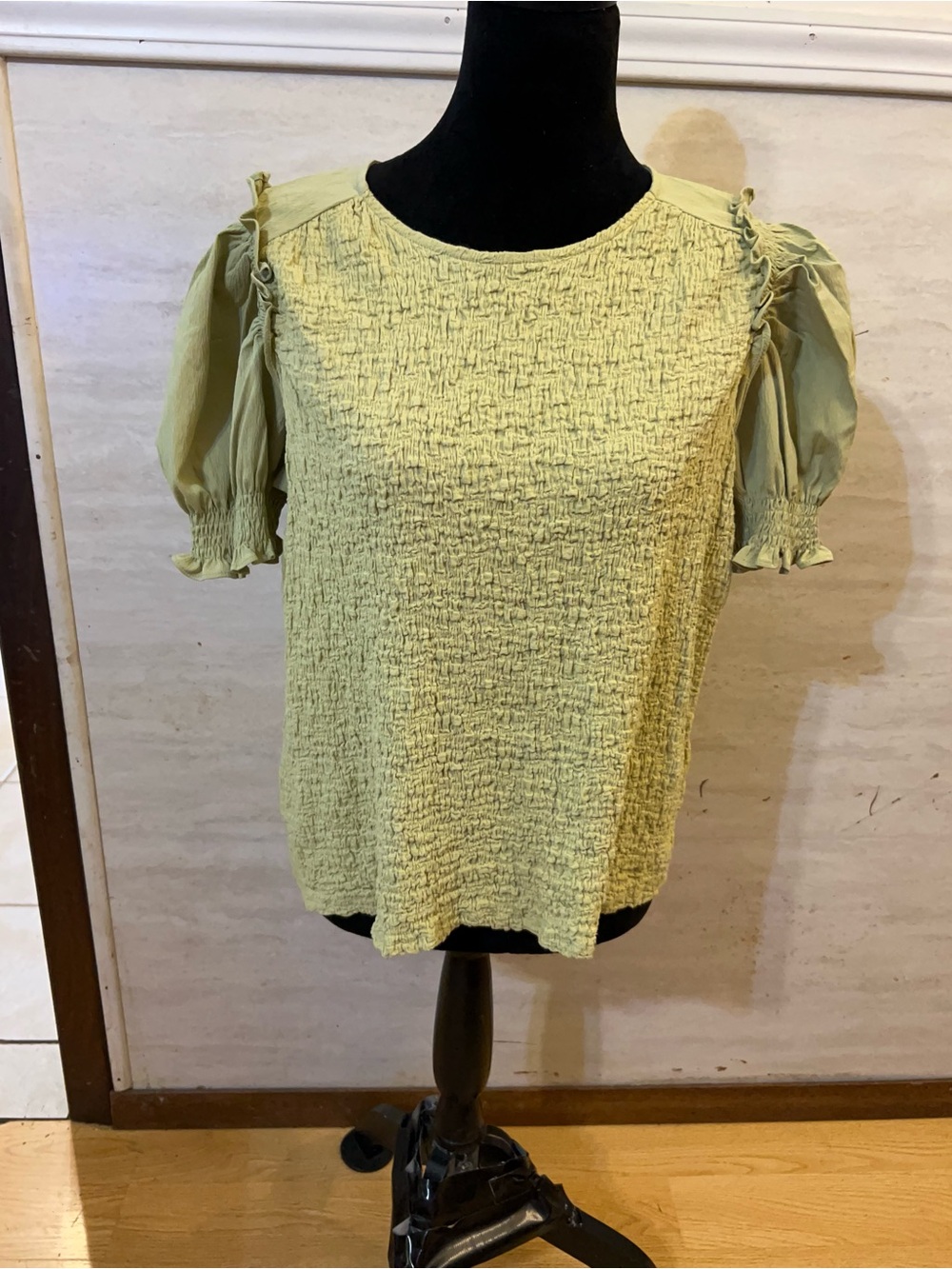 Hailey & Co. short-sleeve smocked blouse, sage green